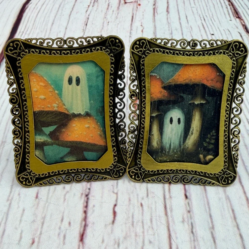 Mini Ghost Mushroom Decoupage Art Prints in Ornate Gold Tone Metal Frames Set 2